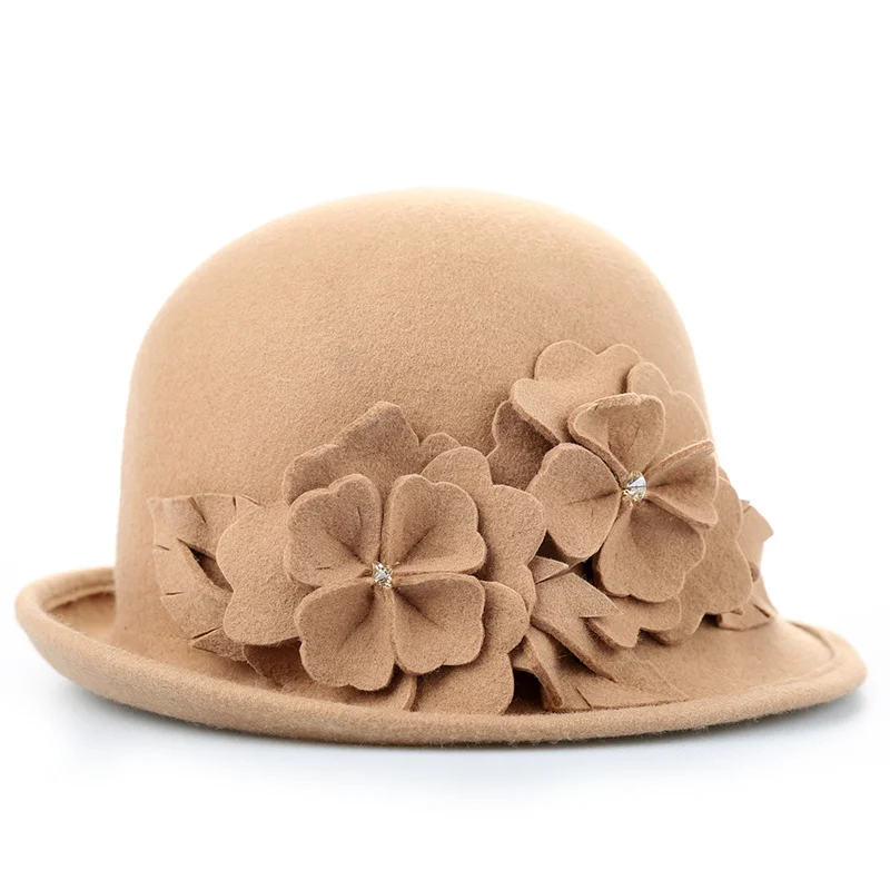 Sedancasesa Wool From Australian Felt Hat for Girls Child Bucket Hats With Flower Decoration Fedoras for Children 52cm