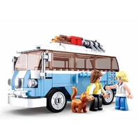 sluban city blue t1 camper van car outdoor camping party bus moc building blocks bricks classic model toys for children gift
