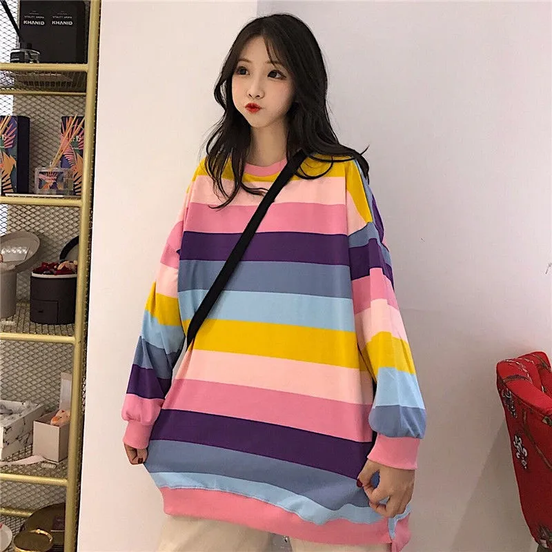 Одежда в Корейском стиле Сезон осень c бантом полоску цветастой радуги для детей