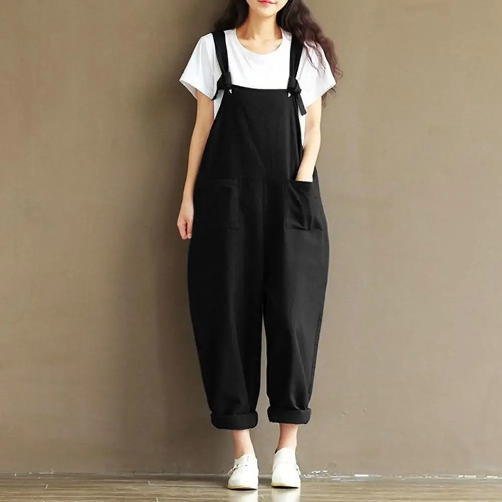 

Women Sping Autumn Plus Size Pants Pocket Solid Color Knot Tie Straps Design Sleeveless Loose Jumpsuits Брючные костюмы 2021