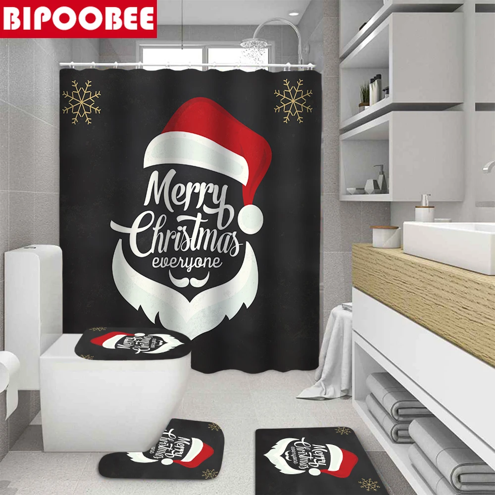 

Merry Christmas Hat Printed Bathroom Set with Shower Curtain and Rugs Fabric Bathtub Curtains Pedestal Bath Mats Home Decor
