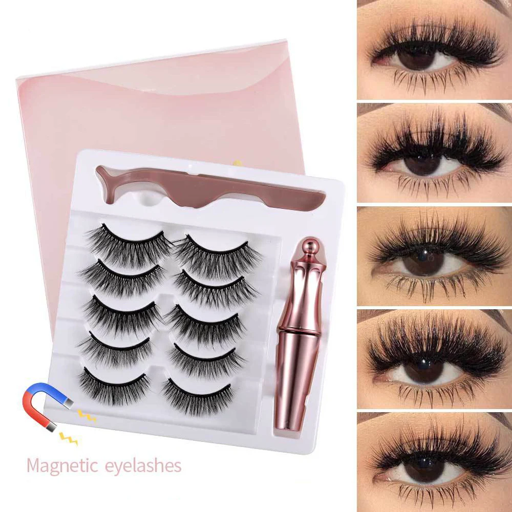 5 Pairs 3D Mink Magnetic Eyelashes Set Liquid Eyeliner Tweezer Natural Thick Long Magnet False Eye Lashes Makeup Extension Tools