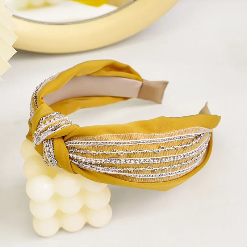 

Mesh Headbands for Women Rhinestone Bezel Shine Yarn Hairbands Top Knotted Hair Hoops 2021 New Girls Hair Accessories