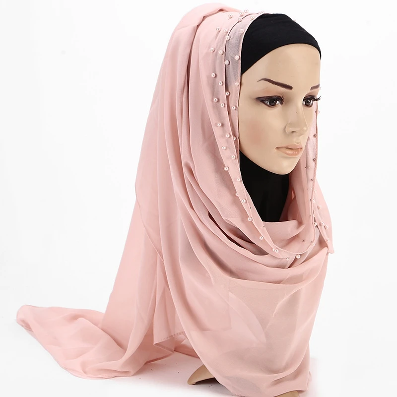 

Unique Women's Floral Scarves Fashion Muslim Soft Longscarf with Pearl Decoration Sunscreen Shawls