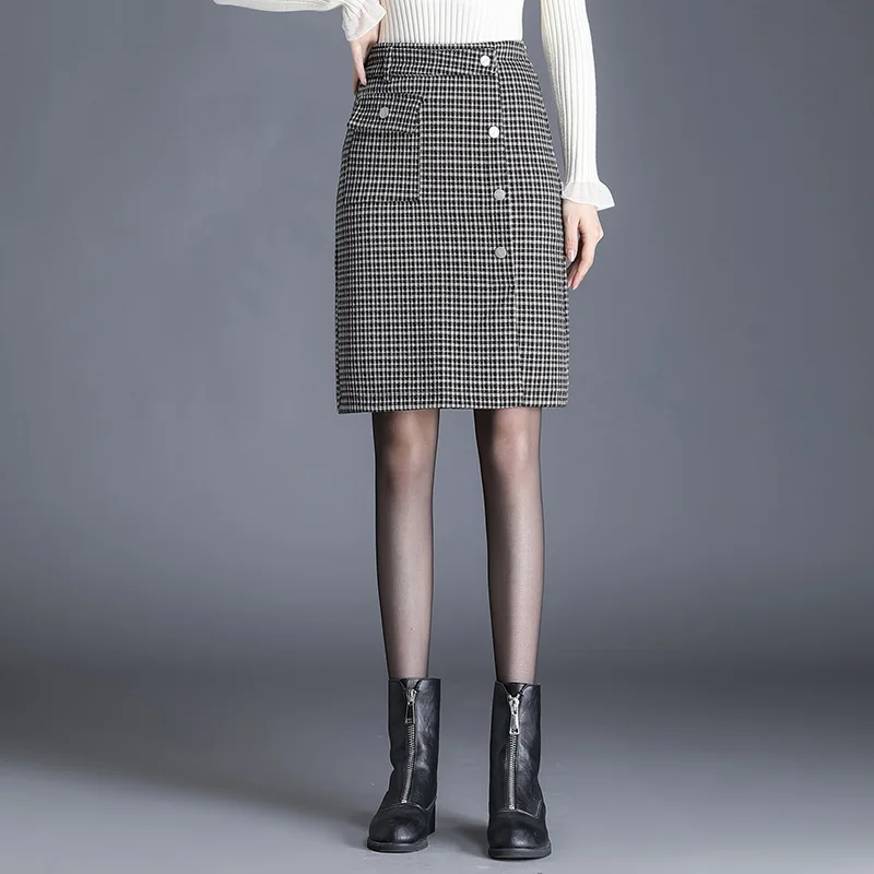 

Autumn Winter Women Button Splice High Waist Woolen Plaid Skirt Office Lady Elegant Slim Casual Short Bodycon Pencil Skirts Y956