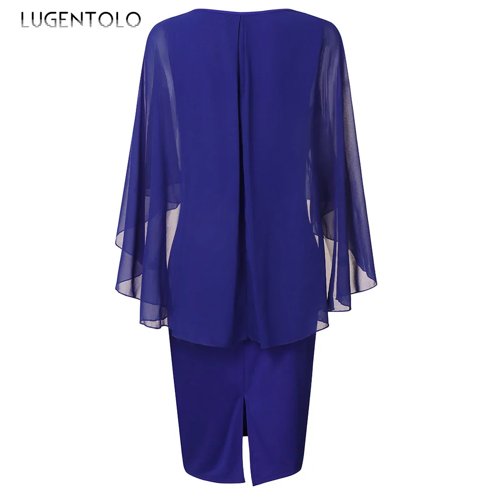 

Lugentolo Elegant Women Party Dress Slim-fit Fashion Solid Color Bat Sleeve Split Mesh High Waist Simple Lady Long Pencil Dress