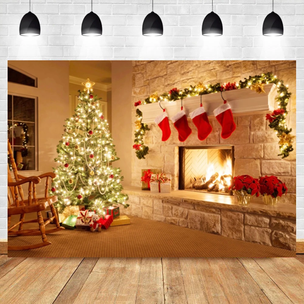 

Laeacco Indoor Christmas Tree Socks Fireplace Gifts Baby Birthday Photo Photography Backdrop Photo Background For Photo Studio