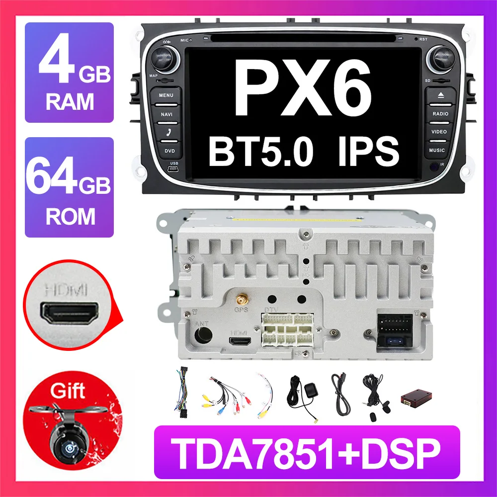 PX6 4G 64G B DSP Eunavi 2 Din " Android 9,0 автомобильный dvd-плеер радио онлайн карты gps навигация wifi для Ford focus II Galaxy Transit Tourneo Mondeo - Цвет: PX6 4G 64G B DSP