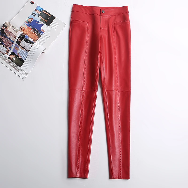 

High Quality 100% Sheepskin Leather Pants Women Black Pencil Pants Female High Waist Trousers Plus Size 5xl Ropa Mujer Pph3951