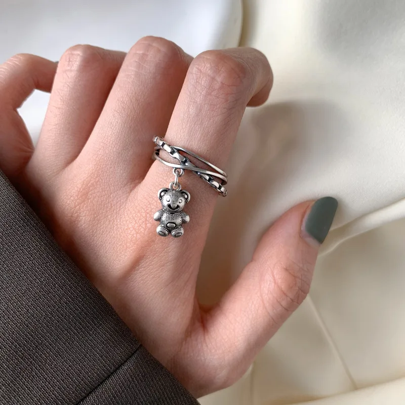 

2021 New Arrival Multi-layer Crossing Bear Adjustable Retro Rings For Women Tibetan Silver Trend Charm Student Jewelry Gift