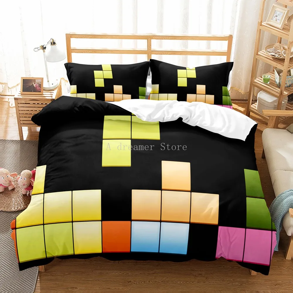 

Cartoon Kids Bedding Set 3D Toy Building Blocks Black Colorful Quilt Cover Pillowcase Printed Duvet Cover Decor Bedclothes