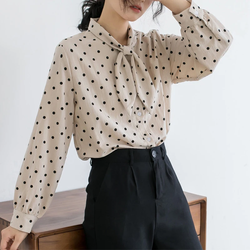 BGTEEVER Casual Bow Collar Dots Print Women Shirts Full Sleeve Single-breasted Female Shirt Blouses 2019 Tops Femme | Женская одежда