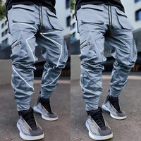 2021 autumn europe mens casual pants trendy brand loose large size overalls solid color multi pocket reflective sports pants