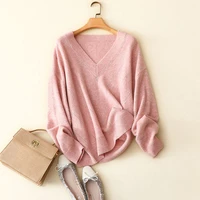 100 cashmere sweater women fashion v neck pink sweaters long sleeve knit loose ladies elegant cosy winter knitwear