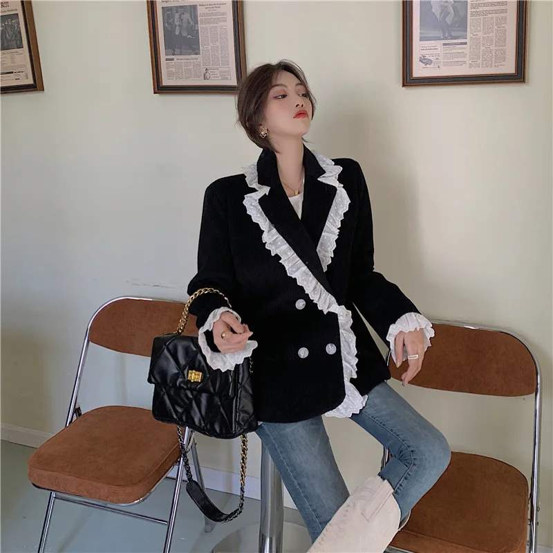 

Korean Retro Ruffle Spliced Blazer Jacket Coat Women Double Breasted Black Corduroy Outwear Office Lady Stylish OL Chic Overcoat