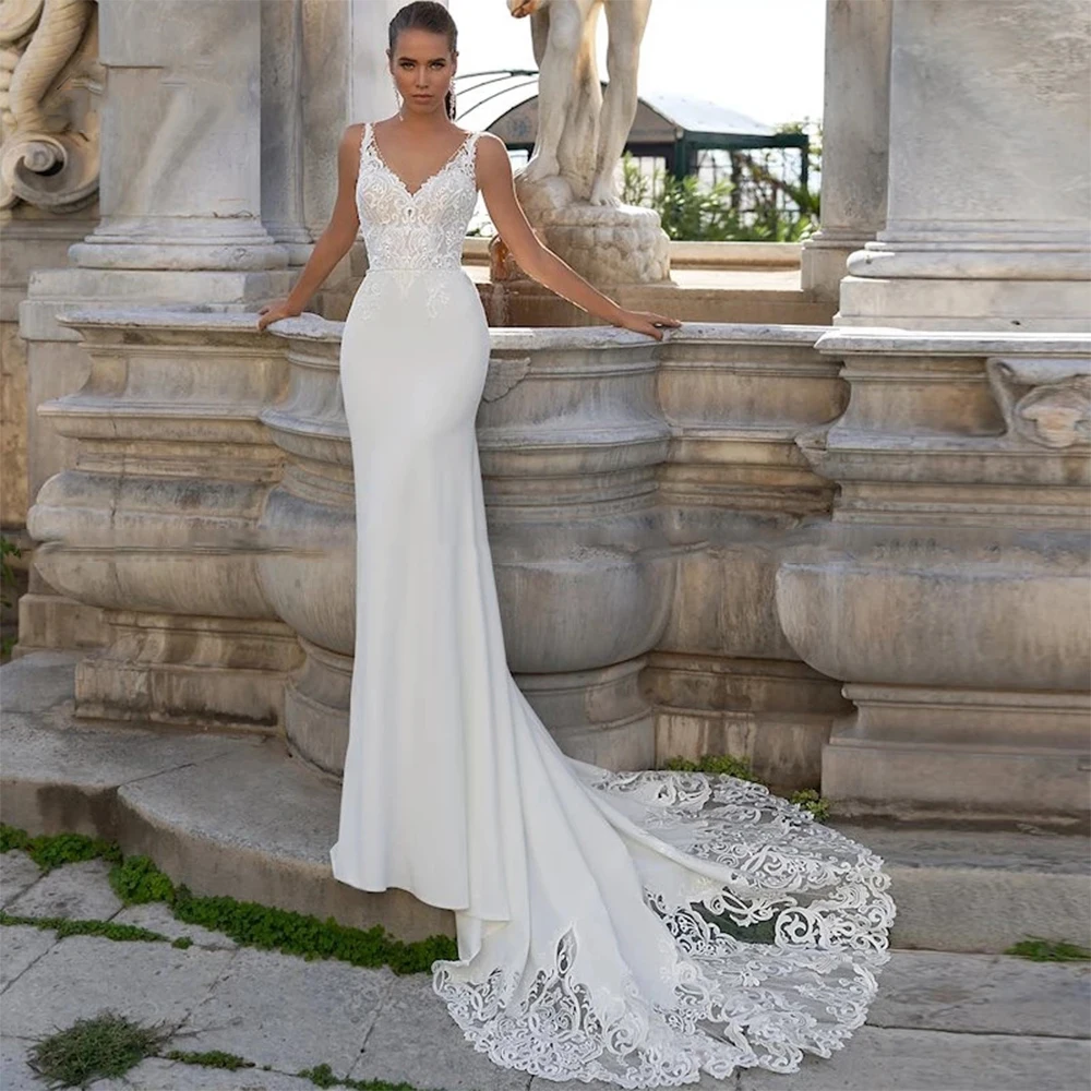 

Mermaid Wedding Dresses Vestido De Novia 2022 Sexy V Neck Appliqued Lace Backless Sleeveless Court Train Bridal Gowns Custom