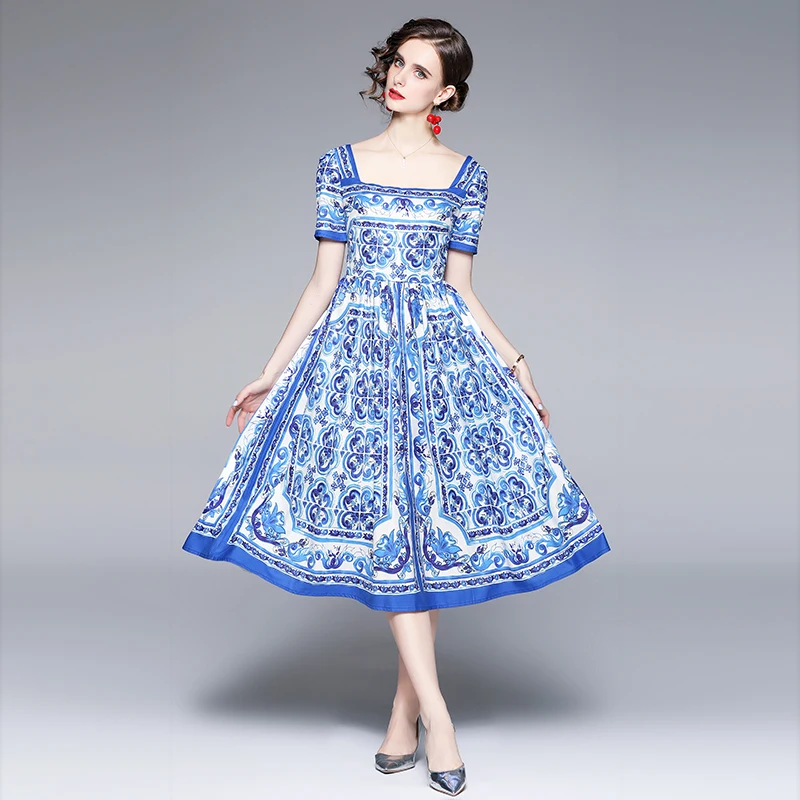 

Women Autumn Dresses A-LINE Printing Office Lady Ankle-Length Square Collar Women Dresses Elegant Blue 2021 New Autumn Dresses