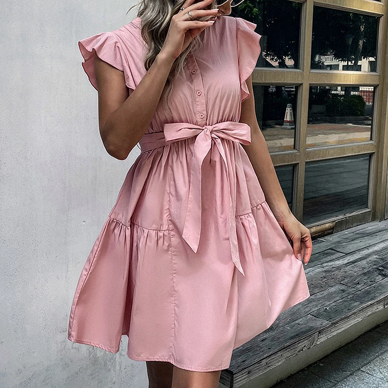 

Kayotuas Women A-Line Dress Sweet Girls Ruffles Hem Pleated Lace-Up Bowknot Elegant Formal Summer Office Ladies Clubwear