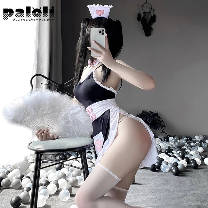 Женский французский фартук ролевой игры горничной, женское нижнее белье, костюм для аниме косплея, униформа, сексуальное сладкое искушение, черное платье с открытой спиной.