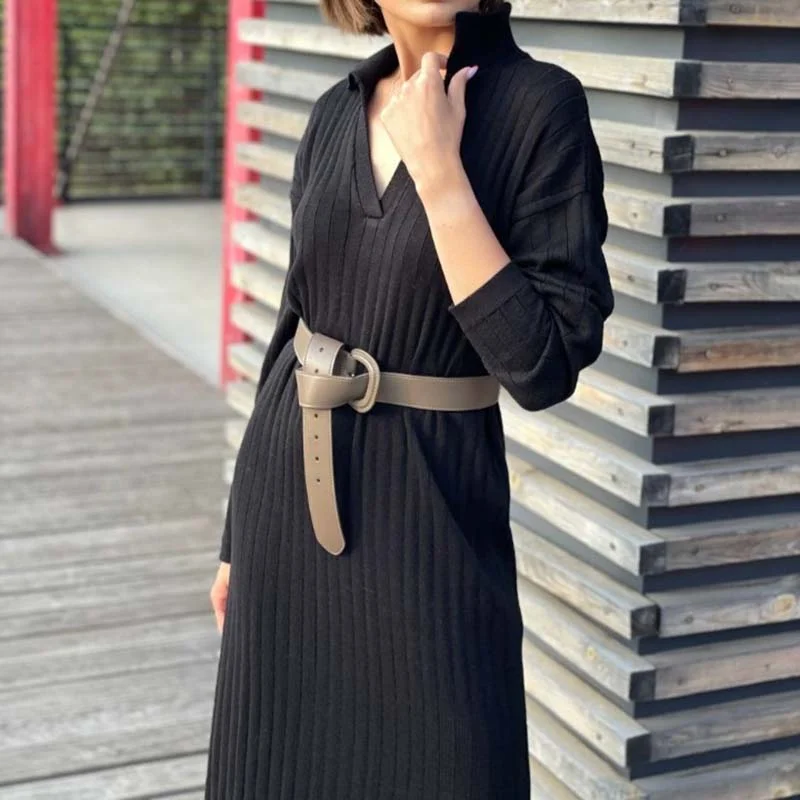 

Sweater Dress New Women Turn-Down Collar Knitted Long Sleeve Club Loose Simple Robe Maxi Dress Girl Dress Woman Female Vestidos
