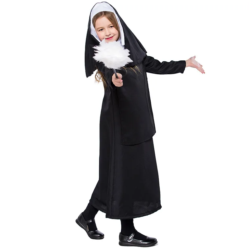 

CosDaddy Kids Girl Halloween Nun Cosplay Costume Maid Nun Black Dress Gown Full Set