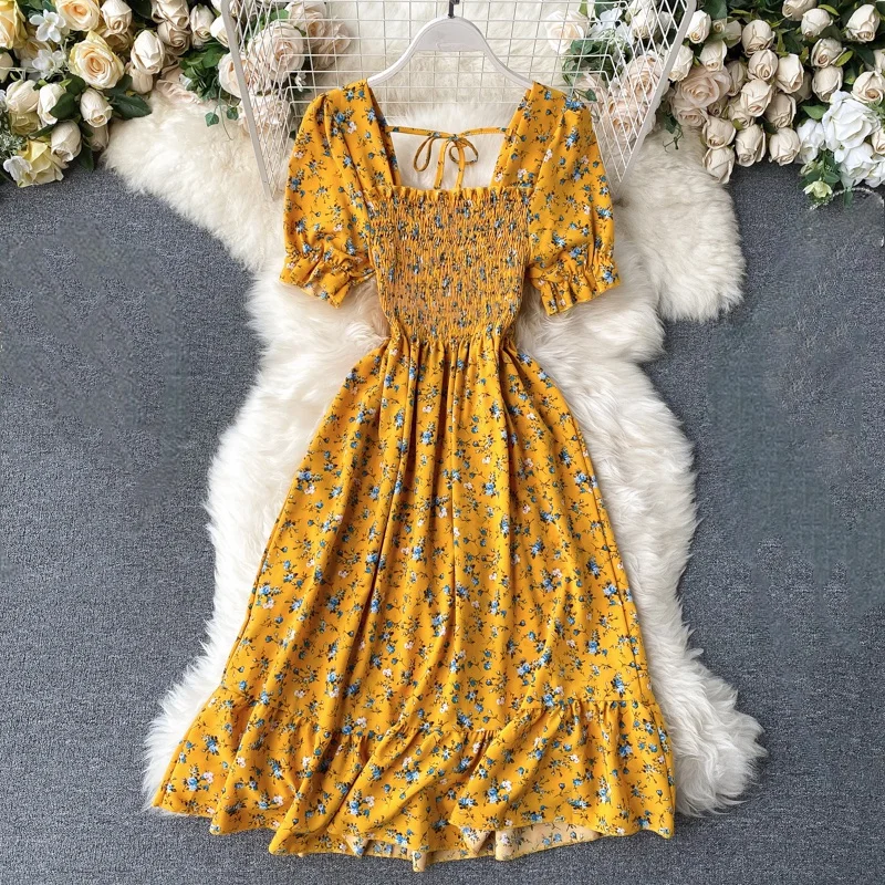 

Ruffle Women Floral Print Dress Lace Up Backless Puff Sleeve Women's Midi Dresses A-Line Square Collar High Waist Ladies Clothes