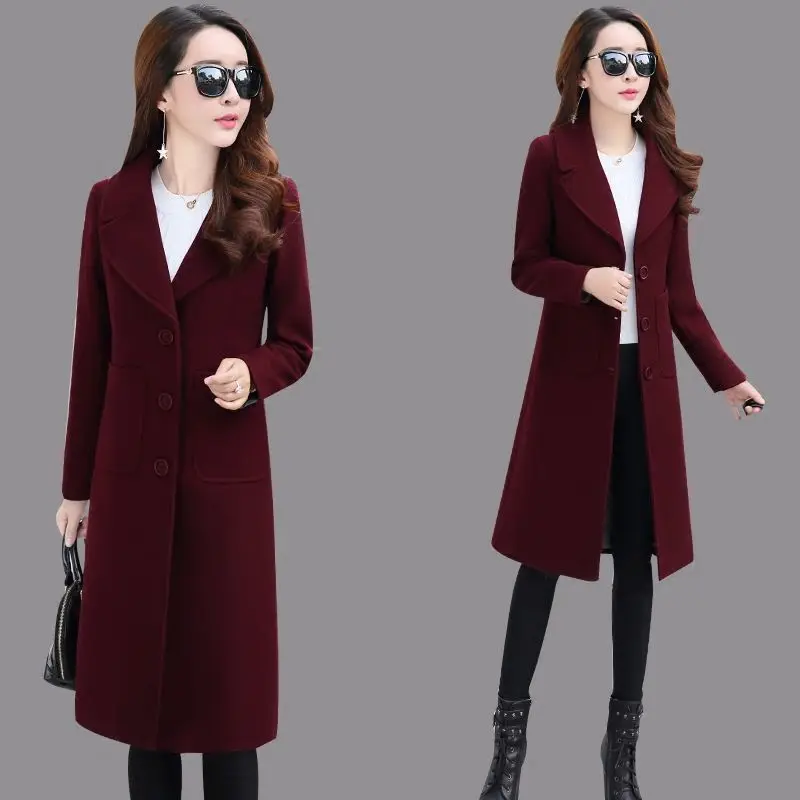 

Women's coat 2021 new thick woolen coat, medium-length slim and thin solid color fashionable woolen coat