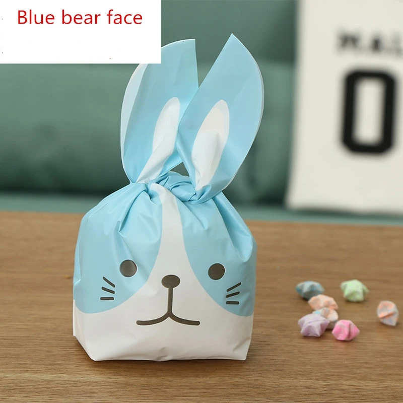 Blue bear face 100 шт 13x22 10x17 16x27 см милые с кроличьими ушами для печенья сумки подарочные пакеты для конфет Печенье закуски выпечка посылка Свадебный день рождения Декор - Color: Blue bear face