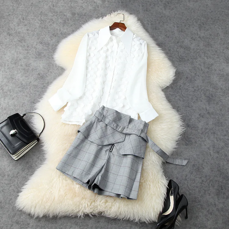 

and American women's European clothing new 2021 spring A chiffon shirt with long sleeves Plaid shorts Fashion suits