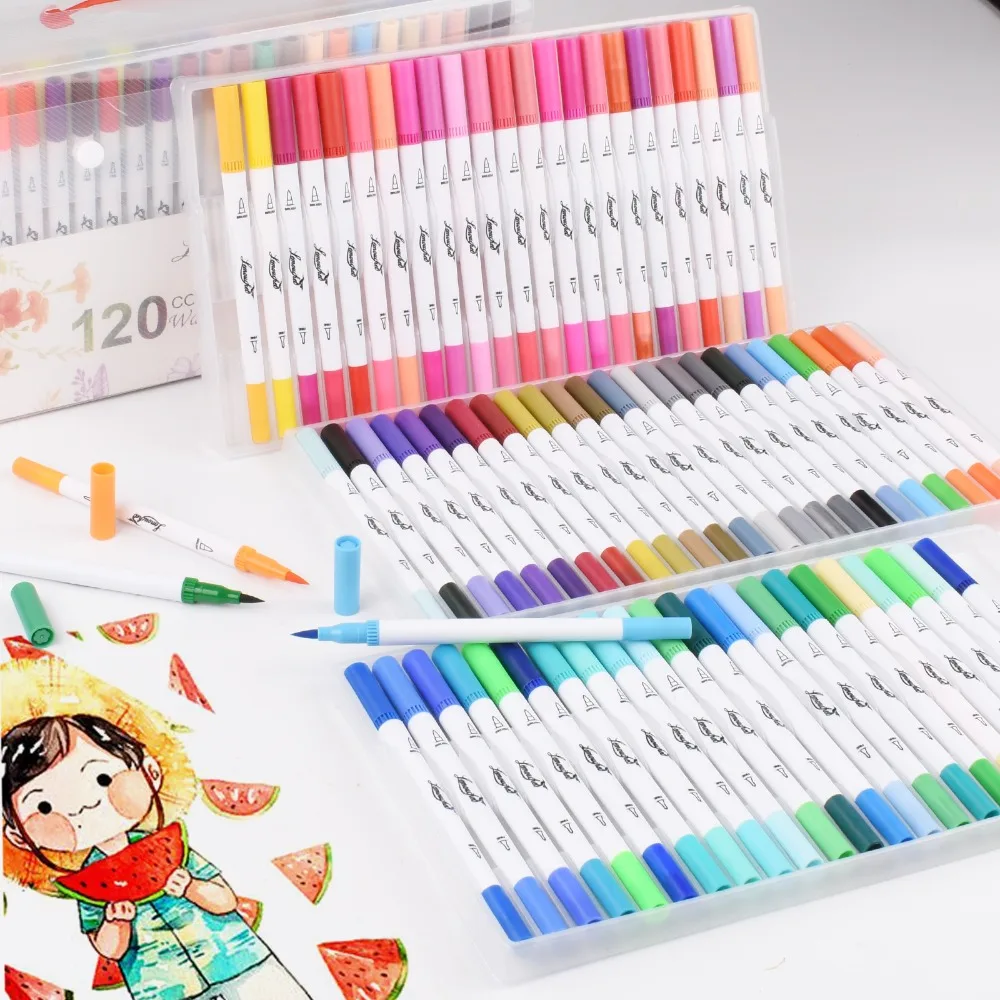 120 Colors Dual Tip Brush Marker Pens Fineliner Watercolor Art Markers Calligraphy Coloring Drawing Art Supplies with Marker Pad