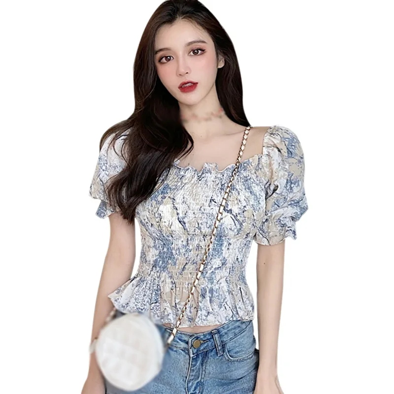 

Summer Women Floral Square Collar Puff Sleeve Chiffon Shirt Female Super Fairy Design Short-sleeved Blouse 2021
