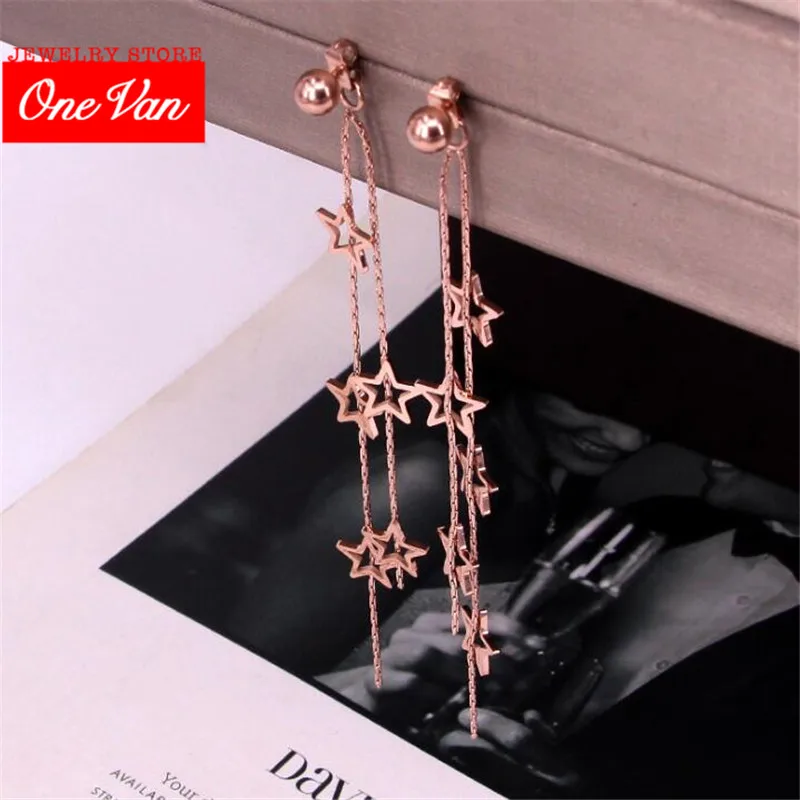 

2020 quality steel ball tassel multi Pentagram star titanium steel ear stud earplug double tassel Star Earrings female jewelry