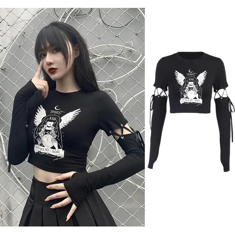 Женский укороченный Топ с длинным рукавом черный облегающий кроп-топ в