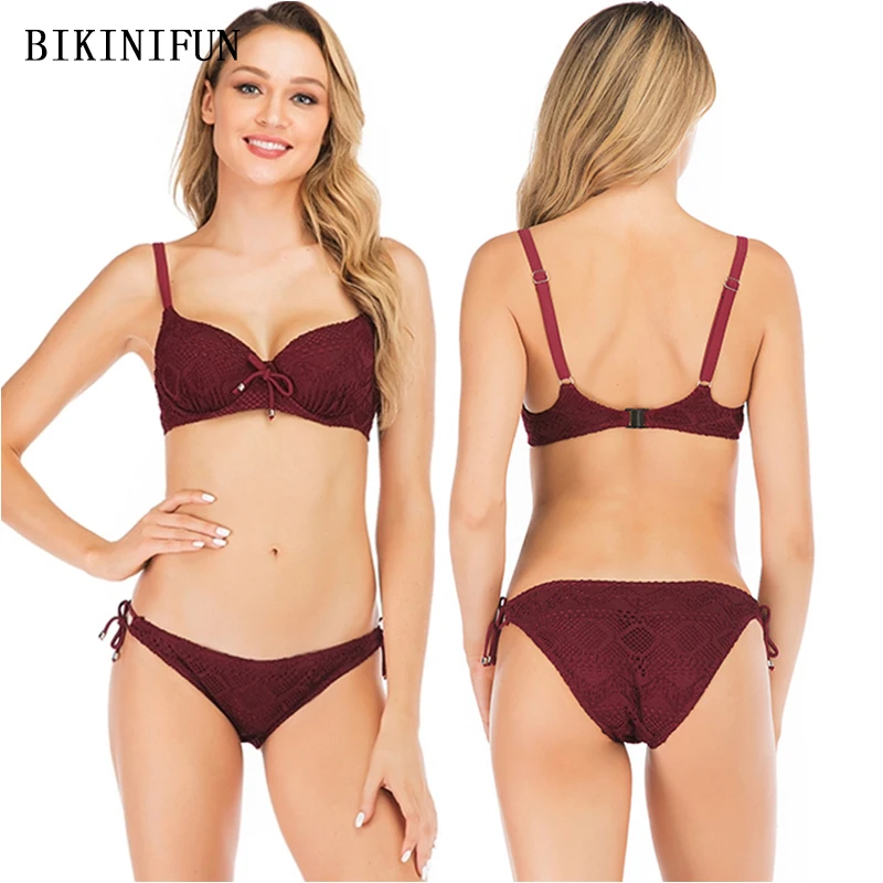 

2020 новый сексуальный кружевной купальник Для женщин цвет красного вина Купальники пуш-ап Пляжная одежда S-XL девочек с низким вырезом на спин...