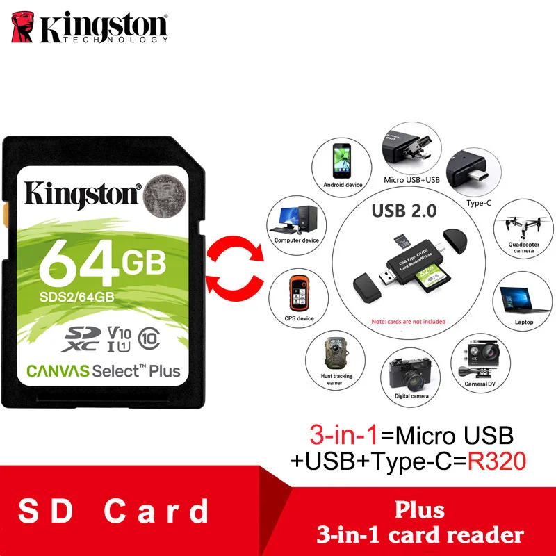 Kingston SD карта 32 Гб 64 Гб 128 Гб карта памяти картао де Мемория SDHC/SDXC Micro SD карта 256 ГБ для HD 1080p и 4K видеокамера - Емкость: SDS2-64G plus R320