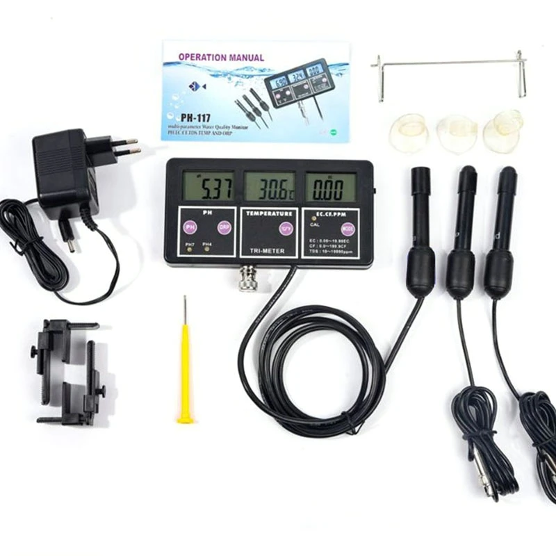 

6In1 Aquarium Water Quality Monitor Digital ORP PH RH Conductivity EC CF TDS(PPM) TEMP Electrode Meter Backlit US Plug