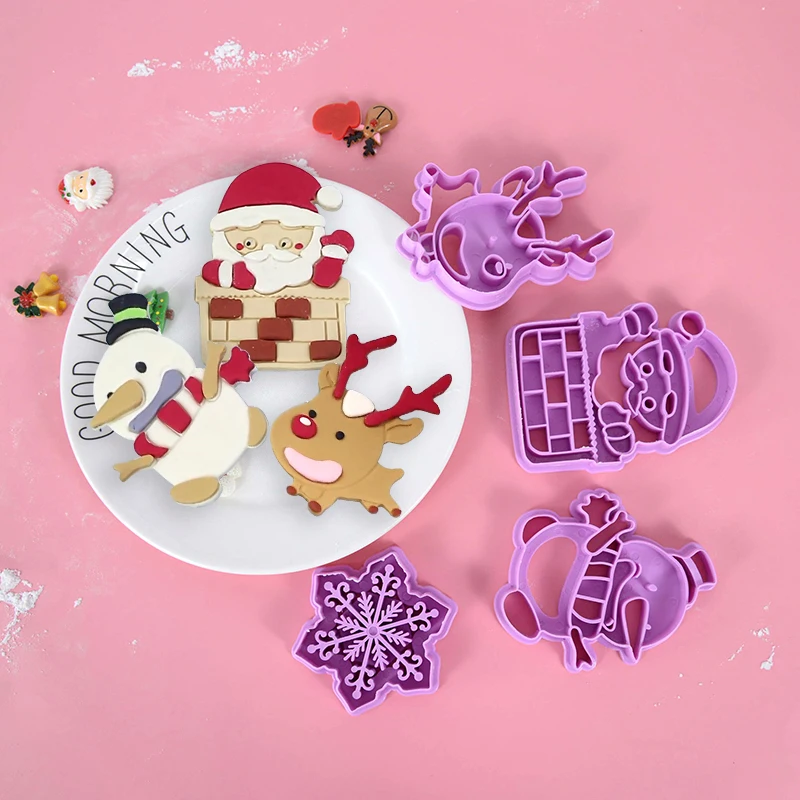

4pcs/set Christmas Cookie Plunger Cutters Mold DIY Pastry Baking Tool Santa Snowman Elk Biscuit Sugarcraft Cake Decorating Tools