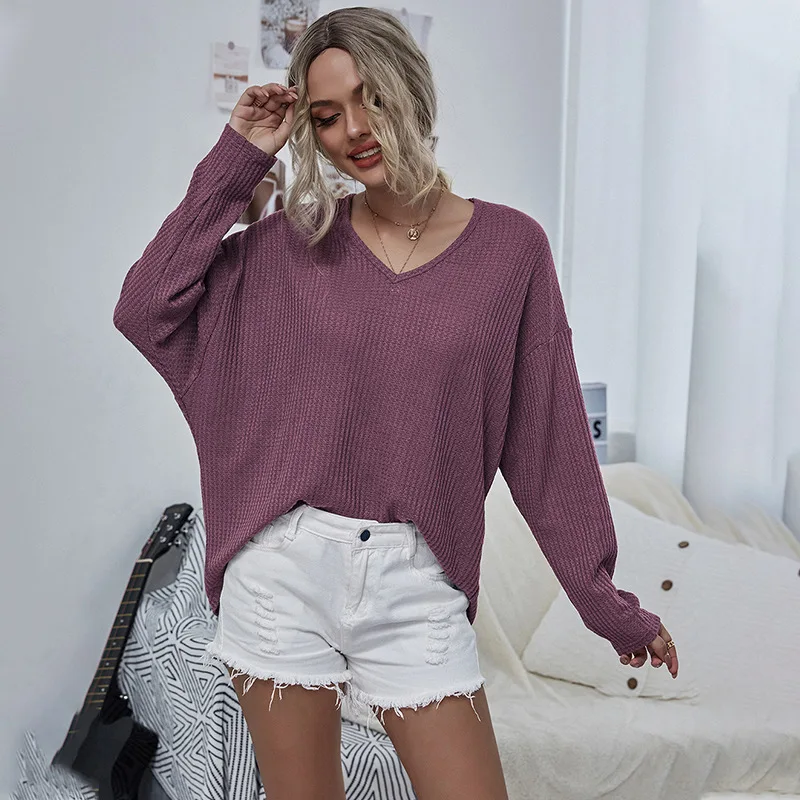 

Fall Winter Women's Autumn New V-neck Solid Color Causal Fashion Batwing Long Sleeve Top Knitted Sweater