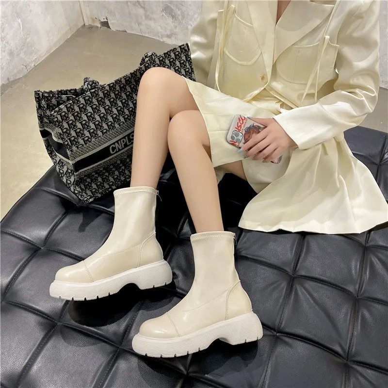 2021 winter women's ankle boots black office ladies shoes round toe mid-heel short boots plush keep warm botas mujer