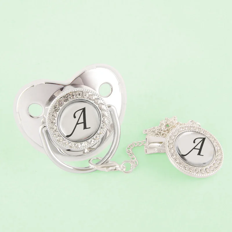 

26 Initial Name Letter Bling Silver Baby Pacifier With Clips BPA Free Silicone Dummy Nipple Baby Soother For Shower Gift Chupeta