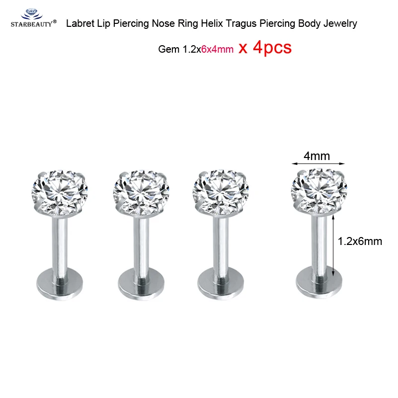 Gem 1.2x6x4mm 4 шт. 16G 6/8/10 мм с украшением в виде кристаллов Лабрет пирсинг для пупка губ нос кольцо ноздрей, пирсинг ореха спирали пирсинг уха носа из нержавеющей стали, серьги - Окраска металла: Gem 1.2x6x4mm