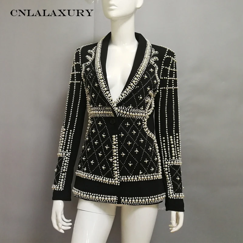 High Quality Handmade Beading Blazers Ladies New Elegant Solid Notched Collar Luxurious Chic Party Pearl Outerwear Suit Jackets