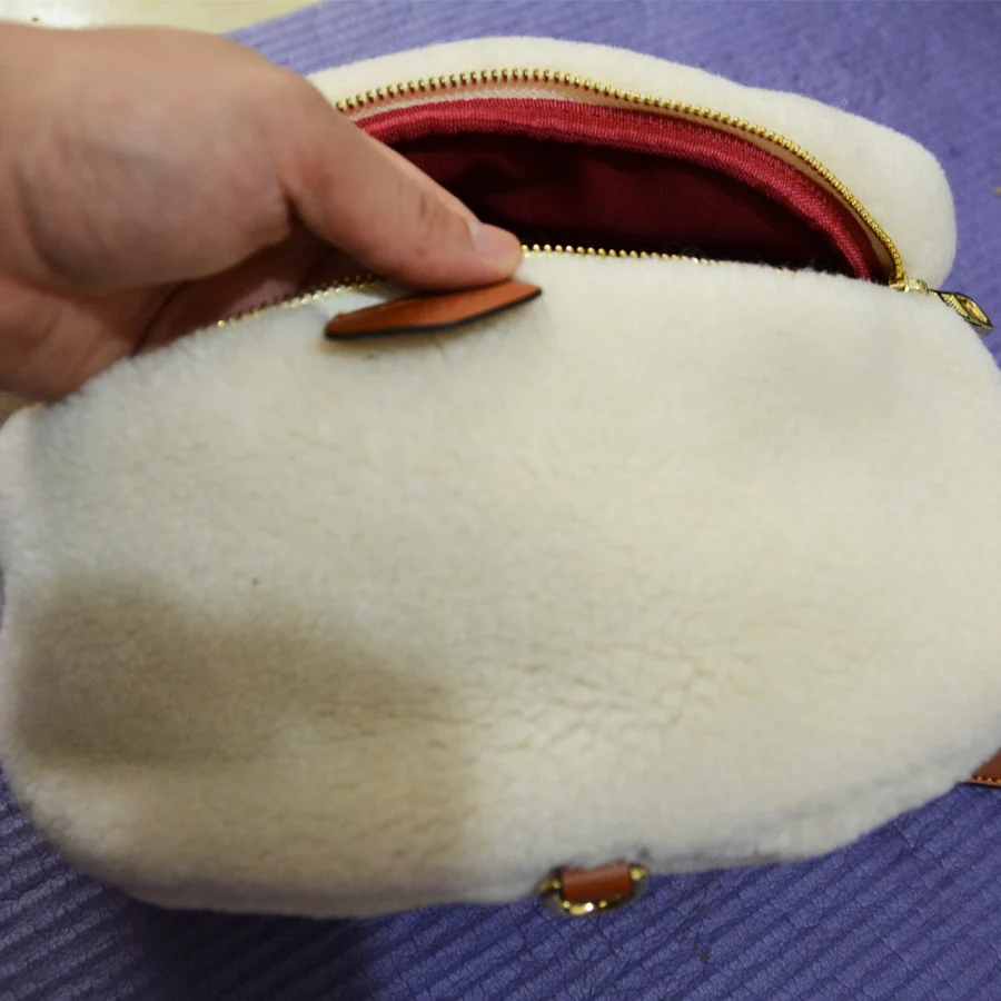 

21 free shipping High grade Real Wool beige plush women bum bag Travel Crossbody Chest Bags lady wool bag