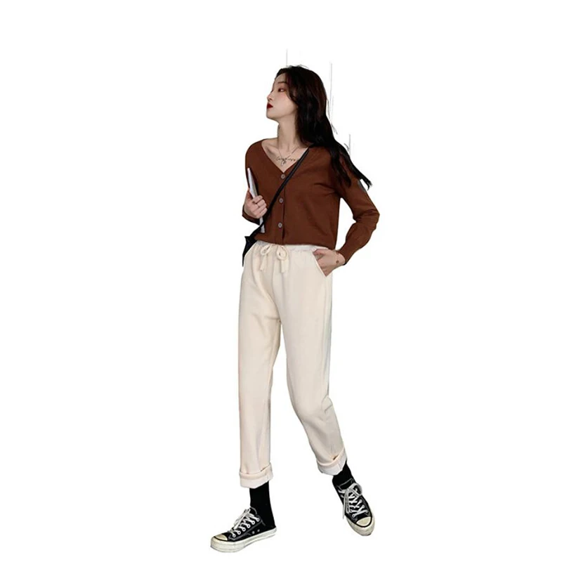 

Thick Corduroy Pants Women Elastic Waist Ankle-length White Black Winter Fleece Pants High Quality Thick Female Joggers