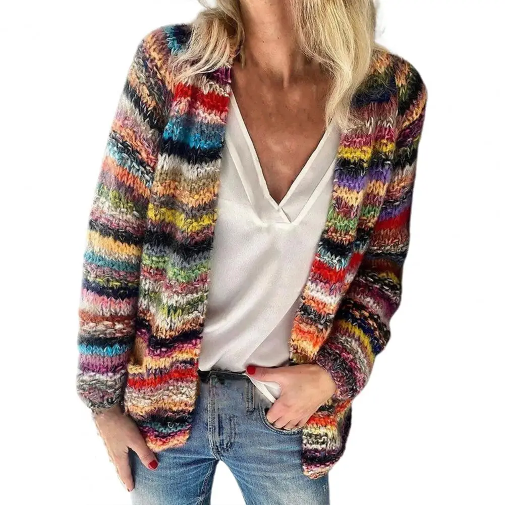 

New Women Knitted Cardigan Autumn Winter Knitted Outwear Stitching Rainbow Color Stripes Long Sleeve Sweater Coat Streetwear