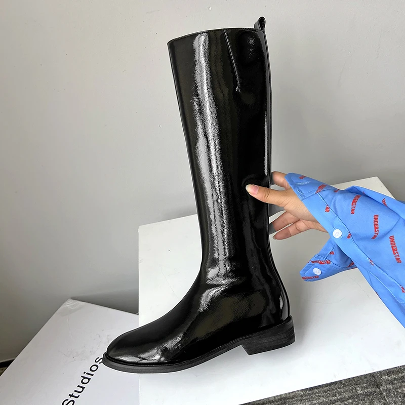 

Women Concise Long Boots Cow Patent Leather low Heels Night Club Shoes Woman Winter New Women Knee High Boots