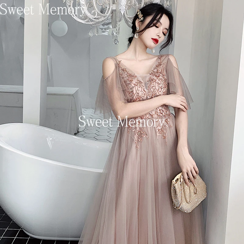 

U2043 Sexy Illusion Long Sleeve Evening Dresses Bride Guest Wedding Party Vestido Appliques Lace Up Graduation Robe Sweet Memory