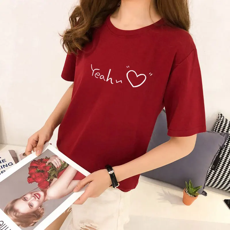 

New Print Letter Heart Women T Shirt Halajuku Casual Funny Short Sleeve O Neck T- shirt Unisex Lady Girl Top Tees Hipster