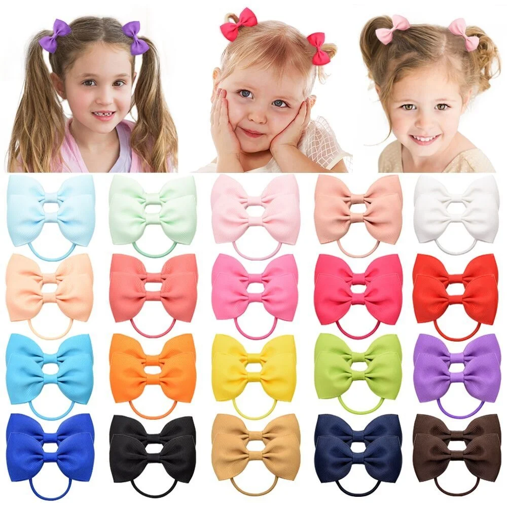 

20Pcs/lot Solid Grosgrain Ribbon Bows For Baby Girls Ponytail Holder Hair Bands Elastic Rope Handmade Headband Hair Accessories
