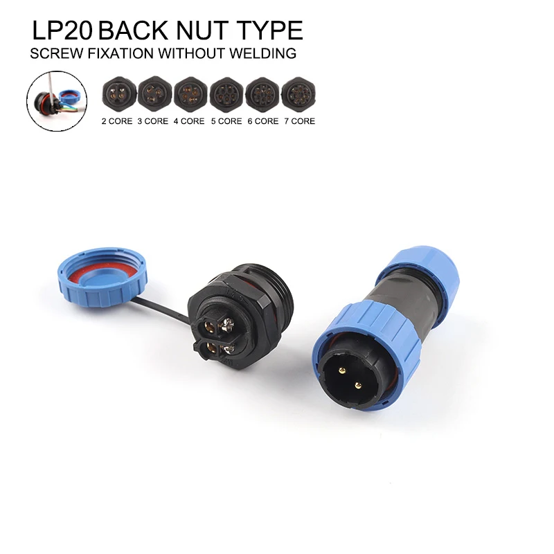 LP/SP20 IP68 Nut TYPE Waterproof Plug&Socket 2-7 Pin Male Female Connectors For 6-12mm Cable Panel Mount Solderless Screw wiring